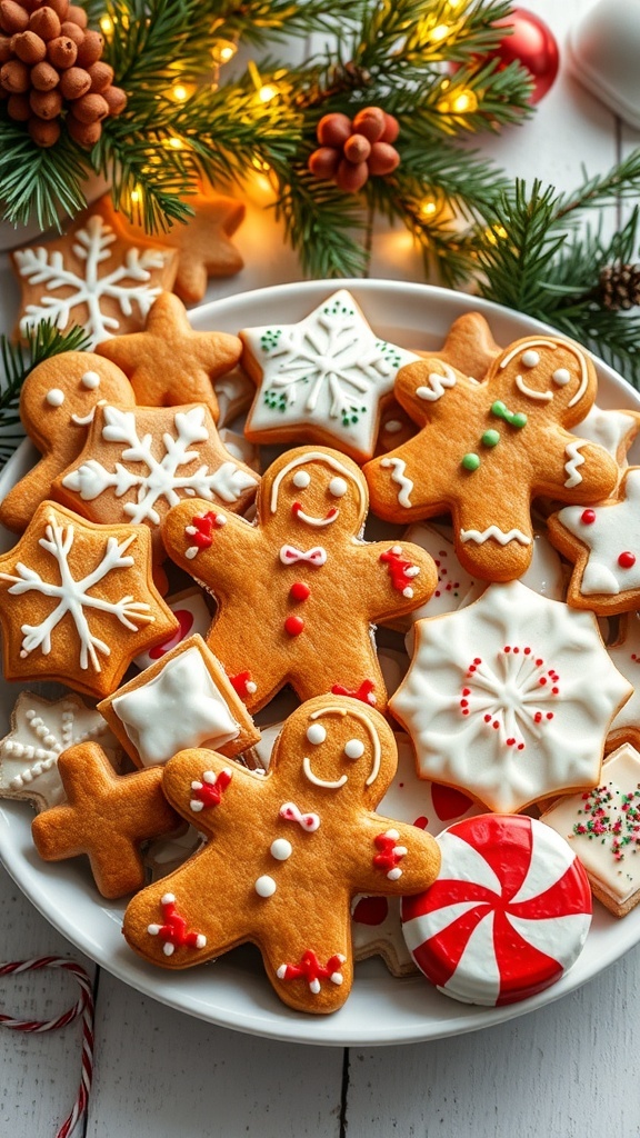 A festive platter of decorated Christmas cookies including gingerbread men and snowflakes, surrounded by holiday decorations.